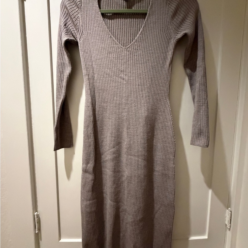 Wool Blend Uniqlo Long Sleeve Ribbed Dress in Taupe